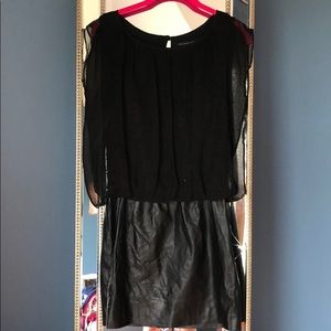 Black flutter sleeve dress with faux leather skirt